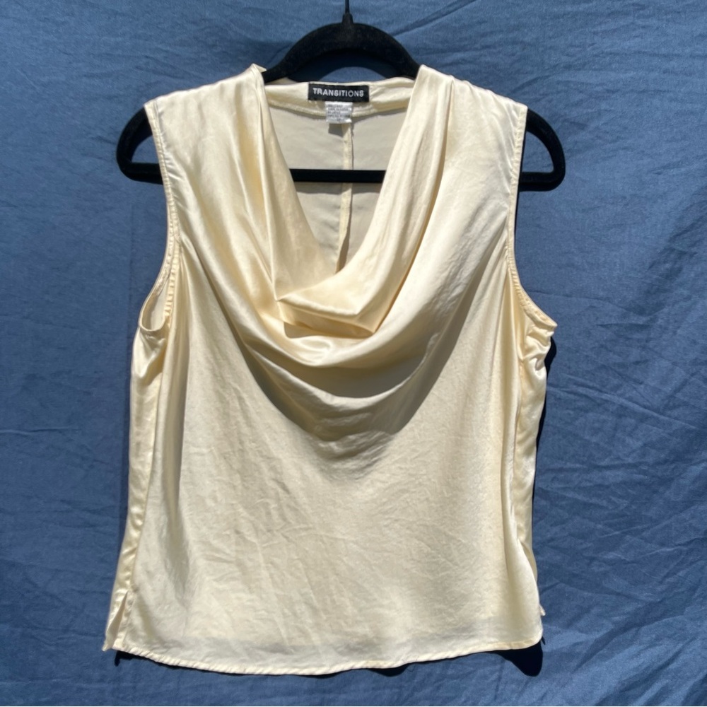 100% Silk Transitions Size 12 Sleeveless Cowl Neck Cream Blouse natural fibers